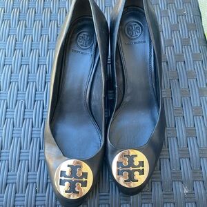 Tory Burch Black Leather Heels with Gold Accents